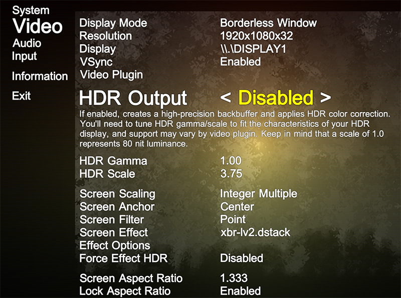 The video menu BigPsplaining the HDR output feature.